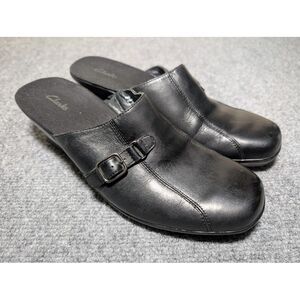 Clarks Black Leather Mules Slip On Comfort Shoes Wedge Heels Womens 9M